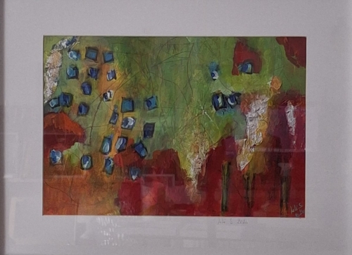 Monde Urbain - 24-12/04 - Acrylique &amp; collage  sur papier / Sous verre encadré bois blanc  40x30